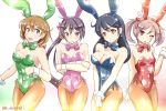  4girls akai_akasaki akebono_(kantai_collection) animal_ears bandaid bandaid_on_face bell black_hair blue_leotard bow bowtie breasts brown_hair brown_legwear bunny_girl bunny_tail bunnysuit cleavage crab detached_collar fake_animal_ears flower green_leotard hair_bell hair_bobbles hair_flower hair_ornament jingle_bell kantai_collection leotard long_hair medium_breasts multiple_girls oboro_(kantai_collection) open_mouth pink_eyes pink_hair pink_leotard purple_hair purple_leotard rabbit rabbit_ears sazanami_(kantai_collection) short_hair side_ponytail small_breasts smile strapless strapless_leotard tail twintails twitter_username ushio_(kantai_collection) very_long_hair violet_eyes wrist_cuffs 