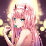  1girl aqua_eyes bangs blurry blurry_background blush candy commentary darling_in_the_franxx depth_of_field eyebrows_visible_through_hair food from_side holding holding_lollipop horns lollipop long_hair looking_at_viewer looking_to_the_side natsumii_chan nude parted_lips pink_hair solo very_long_hair zero_two_(darling_in_the_franxx) 
