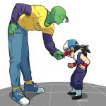  2boys black_hair cap denim dougi dragon_ball dragonball_z fingernails green_skin hal7040 hand_in_pocket hand_on_hip height_difference jeans leaning_forward long_fingernails long_sleeves looking_at_another male_focus multiple_boys open_mouth pants piccolo pointy_ears purple_shirt shadow shirt simple_background sleeveless smile socks son_gohan standing twitter_username white_background wristband yellow_shirt 