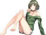  1girl arm_support bangs bare_legs barefoot blue_eyes blush bra_strap breasts bvucki36gzoeq1c cleavage closed_mouth collarbone eyebrows_visible_through_hair full_body green_eyes green_hair hand_up heterochromia idolmaster idolmaster_cinderella_girls jewelry large_breasts long_sleeves looking_at_viewer mole mole_under_eye necklace no_legwear off-shoulder_sweater off_shoulder shiny shiny_skin short_hair short_shorts shorts smile solo strap_slip sweater takagaki_kaede 