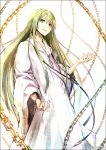  1boy chains commentary_request enkidu_(fate/strange_fake) fate/grand_order fate_(series) green_eyes green_hair hair_between_eyes hands_up kei-suwabe long_hair long_sleeves looking_at_viewer open_mouth robe smile solo white_background wide_sleeves 