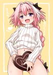  1boy :d akou_roushi astolfo_(fate) bangs black_bow blush bottomless bow braid chocolate chocolate_heart commentary_request eyebrows_visible_through_hair fang fate/apocrypha fate/grand_order fate_(series) gluteal_fold hair_intakes heart long_braid long_hair long_sleeves looking_at_viewer male_focus multicolored_hair naked_sweater navel no_panties open_mouth pink_hair ribbed_sweater single_braid smile solo streaked_hair sweater translation_request trap turtleneck turtleneck_sweater valentine violet_eyes 