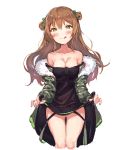  1girl :q aak bangs bare_shoulders black_dress blush bow breasts brown_hair camouflage_jacket cleavage closed_mouth collarbone dress eyebrows_visible_through_hair fur-trimmed_jacket fur_trim girls_frontline gluteal_fold green_bow green_eyes green_jacket hair_between_eyes hair_bow head_tilt highres jacket long_hair long_sleeves looking_at_viewer medium_breasts rfb_(girls_frontline) simple_background sketch skirt_hold sleeveless sleeveless_dress smile solo strap_slip thigh_gap tongue tongue_out two_side_up very_long_hair white_background 