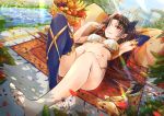  1girl arm_behind_head banana barefoot black_hair blue_gloves blue_legwear blush breasts cherry earrings elbow_gloves faicha fate/grand_order fate_(series) feet food fruit gloves grapes hair_ribbon highres hoop_earrings ishtar_(fate/grand_order) jewelry long_hair looking_at_viewer lying midriff navel on_back pillow red_eyes ribbon shoes_removed single_elbow_glove single_thighhigh small_breasts solo thigh-highs toes towel two_side_up 