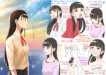  1girl bangs black_hair blunt_bangs bow brown_eyes closed_mouth dress_shirt expressionless highres how_to kobuchizawa_shirase long_hair multiple_views open_mouth oshiyon red_bow shirt sleeves_rolled_up smile sora_yori_mo_tooi_basho sweatdrop tongue tongue_out upper_body 