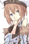 1girl bare_shoulders blanc blancpig_yryr blue_eyes blush brown_hair finger_to_mouth fur_trim hat index_finger_raised looking_at_viewer neptune_(series) short_hair shushing solo 