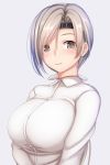  alternate_costume blush breasts brown_eyes chitose_(kantai_collection) closed_mouth commentary_request grey_hair headband huge_breasts kantai_collection long_hair looking_at_viewer ponytail simple_background smile tapisuke upper_body 