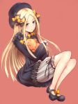  1girl abigail_williams_(fate/grand_order) achiv bangs black_bow black_dress black_hat blonde_hair bloomers blue_eyes blush bow butterfly butterfly_ornament dress fate/grand_order fate_(series) forehead hair_ribbon hat highres holding holding_stuffed_animal long_hair long_sleeves looking_at_viewer mary_janes object_hug orange_background orange_bow parted_bangs polka_dot polka_dot_bow puffy_sleeves ribbon shoes simple_background sleeves_past_fingers sleeves_past_wrists solo stuffed_animal stuffed_toy teddy_bear underwear white_bloomers witch_hat 