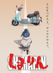  1girl akira aono3 blue_hair boots hair_bun highres jacket moped parody scarf shima_rin solo yurucamp 