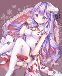  1girl azur_lane box china_dress chinese_clothes commentary_request dress gift gift_box highres holding long_hair looking_at_viewer purple_hair smile solo stuffed_animal stuffed_pegasus stuffed_toy stuffed_unicorn tsuruse unicorn_(azur_lane) valentine violet_eyes 