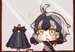  1girl against_glass antenna_hair blush chibi fate/grand_order fate_(series) fur-trimmed_jacket fur_trim grey_hair headdress jacket jeanne_d&#039;arc_(alter)_(fate) jeanne_d&#039;arc_(fate)_(all) nuu_(nu-nyu) short_hair solo sparkle triangle_mouth yellow_eyes 