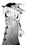  1girl alternate_costume closed_mouth coat commentary food from_side fruit greyscale hand_in_pocket hat highres hinanawi_tenshi leaf long_hair long_sleeves monochrome nibi peach scarf solo touhou white_background 