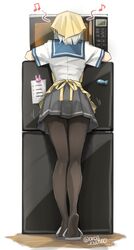  1girl apron ass_shake bandanna beamed_quavers black_legwear black_skirt blue_sailor_collar from_behind hamakaze_(kantai_collection) kantai_collection microwave musical_note pantyhose pleated_skirt quaver refrigerator sailor_collar school_uniform semiquaver serafuku short_hair skirt solo twitter_username white_hair yamashiki_(orca_buteo) yellow_apron 