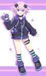 1girl :d absurdres adult_neptune adult_neptune_(cosplay) black_choker blush caro-xy choker controller cosplay d-pad d-pad_hair_ornament full_body highres holding holster hood hooded_jacket jacket looking_at_viewer neptune_(choujigen_game_neptune) neptune_(series) open_mouth purple_hair shin_jigen_game_neptune_vii short_hair smile solo striped striped_legwear thigh_strap violet_eyes 