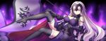  1girl armor armored_dress banner black_gloves black_legwear breasts chains cleavage dress elbow_gloves eyebrows_visible_through_hair fate/grand_order fate_(series) fur_trim gloves hand_on_own_knee highres jeanne_d&#039;arc_(alter)_(fate) jeanne_d&#039;arc_(fate)_(all) large_breasts long_hair looking_at_viewer navel_cutout parted_lips purple_dress silver_hair smile solo thigh-highs very_long_hair yellow_eyes zha_yu_bu_dong_hua 