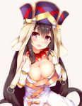  1girl :d bangs bead_necklace beads bikini_top black_hair blush bow breasts bridal_gauntlets brown_background brown_bow cleavage commentary_request eyebrows_visible_through_hair fate/grand_order fate_(series) fuuna hair_between_eyes hat head_tilt highres japanese_clothes jewelry kimono large_breasts long_hair looking_at_viewer necklace open_clothes open_kimono open_mouth prayer_beads simple_background smile solo very_long_hair violet_eyes white_bikini_top white_kimono xuanzang_(fate/grand_order) 