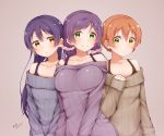  3girls bare_shoulders blue_hair blush closed_mouth collarbone commentary_request cowboy_shot dress eyebrows_visible_through_hair green_eyes hatagaya hoshizora_rin lily_white_(love_live!) long_hair long_sleeves looking_at_viewer love_live! love_live!_school_idol_project low_twintails matching_outfit multiple_girls orange_hair purple_hair scrunchie short_hair simple_background smile sonoda_umi sweater sweater_dress toujou_nozomi twintails yellow_eyes 