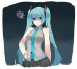  1girl angry aqua_eyes aqua_hair aqua_neckwear arm_at_side bangs bare_arms bare_shoulders black_background black_skirt breasts collared_shirt fhang gradient gradient_background grey_shirt hair_between_eyes hand_on_hip hatsune_miku long_hair looking_at_viewer lowres medium_breasts necktie parted_lips pleated_skirt shaded_face shiny shiny_hair shirt skirt sleeveless sleeveless_shirt solo squiggle twintails upper_body v-shaped_eyebrows very_long_hair vocaloid wing_collar 