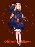  1girl abigail_williams_(fate/grand_order) arm_up bangs black_bow black_dress black_footwear black_hat blonde_hair bloomers blue_eyes bow brown_background butterfly character_name closed_mouth commentary_request dress eyebrows_visible_through_hair fate/grand_order fate_(series) full_body gankake_(misary) hair_bow hat head_tilt long_hair long_sleeves looking_at_viewer mary_janes object_hug orange_bow parted_bangs polka_dot polka_dot_bow shoes sleeves_past_fingers sleeves_past_wrists smile solo standing stuffed_animal stuffed_toy teddy_bear underwear very_long_hair white_bloomers 
