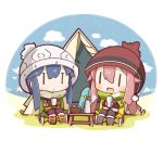  2girls :d beanie blue_hair blush chibi clouds cloudy_sky commentary_request cross-laced_footwear cup day hat highres kagamihara_nadeshiko multiple_girls nuu_(nu-nyu) open_mouth pink_hair scarf shima_rin sitting sky smile tent white_background yurucamp |_| 