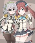  2girls alternate_costume asagumo_(kantai_collection) beret bespectacled breasts brown_hair brown_legwear collared_shirt cosplay double-breasted epaulettes folded_ponytail frilled_sleeves frills glasses gloves grey_eyes grey_eyes hair_ribbon hand_on_hip hat kantai_collection kashima_(kantai_collection) kashima_(kantai_collection)_(cosplay) katori_(kantai_collection) katori_(kantai_collection)_(cosplay) kerchief long_hair looking_at_viewer military military_uniform miniskirt multiple_girls pantyhose pleated_skirt ribbon shirt silver_hair skirt small_breasts smile twintails uniform wavy_hair white_gloves yamagumo_(kantai_collection) yuzuki_yuno 