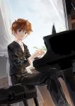  1boy black_pants blazer brown_eyes brown_hair card_captor_sakura curtains double-breasted grand_piano highres instrument jacket jane_mere li_xiaolang long_sleeves looking_to_the_side male_focus necktie pants parted_lips piano piano_bench school_uniform sitting solo thick_eyebrows tomoeda_middle_school_uniform window 