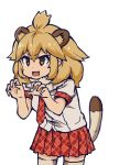  1girl :3 :d ahoge animal_ears argyle argyle_neckwear argyle_skirt bangs blonde_hair breasts brown_eyes claw_pose cowboy_shot eyebrows eyebrows_visible_through_hair facing_away fang hair_between_eyes kemono_friends legs_apart lion_(kemono_friends) lion_ears lion_tail looking_away miniskirt open_mouth ouka_(yama) palms pleated_skirt red_skirt shirt short_hair short_sleeves silver_legwear simple_background skirt sleeve_cuffs small_breasts smile solo standing tail thigh-highs tongue v-shaped_eyebrows white_background white_shirt zettai_ryouiki 