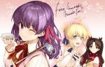  3girls ;) ahoge artoria_pendragon_(all) black_ribbon blonde_hair blue_ribbon brown_hair copyright_name fate/stay_night fate_(series) green_eyes hair_ribbon highres holding long_hair looking_at_viewer matou_sakura multiple_girls neck_ribbon one_eye_closed pink_background pink_ribbon purple_hair red_ribbon red_shirt ribbon rice saber shirt short_hair_with_long_locks sidelocks smile tohsaka_rin twintails upper_body utayoi_(umakatare) violet_eyes white_shirt 