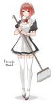  1girl alternate_costume apron ark_royal_(kantai_collection) bangs black_dress blue_eyes blunt_bangs bob_cut commentary_request dress english enmaided flower frilled_apron frills full_body garter_straps hairband kantai_collection looking_at_viewer maid maid_headdress mop red_flower red_ribbon red_rose redhead ribbon rose short_dress short_hair simple_background solo standing thigh-highs tiara white_apron white_background yamashiki_(orca_buteo) zettai_ryouiki 