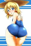  1girl ass back blonde_hair blue_background blush breasts competition_school_swimsuit d-m_(dii_emu) hair_ornament hair_ribbon hat highres looking_at_viewer looking_back medium_hair moriya_suwako ribbon school_swimsuit small_breasts solo swimsuit touhou white_background yellow_eyes 