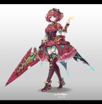  1girl alternate_costume blush breasts dress earrings full_body gloves highres pyra_(xenoblade) jewelry large_breasts looking_at_viewer north_abyssor red_eyes redhead short_hair simple_background smile solo sword tiara weapon xenoblade xenoblade_2 
