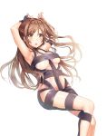  1girl arm_behind_head armpits arms_up black_ribbon blush breasts brown_eyes brown_hair covered_navel eyebrows_visible_through_hair floating_hair highres hot_limit idolmaster idolmaster_cinderella_girls long_hair lying maze_yuri medium_breasts naked_ribbon on_back open_mouth ribbon shimamura_uzuki simple_background solo t.m.revolution under_boob very_long_hair white_background 