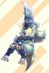  1girl claws crop_top detached_sleeves feather_hair feathers flat_chest fur_collar gem goggles goggles_on_head highres ibuki_(xenoblade) long_hair monster_girl open_mouth simple_background solo talons toeless_legwear xenoblade xenoblade_2 