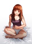  1girl :d arm_behind_back arm_support bangs bare_arms bare_shoulders barefoot bed_sheet blush breasts brown_eyes brown_hair cleavage collarbone eyebrows eyelashes feet fingernails highres indian_style lapucelle_(arasoo1210) lifted_by_self long_hair looking_at_viewer medium_breasts open_mouth original panties purple_shirt shirt shirt_lift simple_background sitting smile solo straight_hair tank_top toes underwear white_background white_panties 