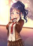  1girl blue_hair blush bracelet brown_jacket brown_skirt collared_shirt commentary_request hands_on_own_cheeks hands_on_own_face jacket jewelry long_sleeves looking_at_viewer love_live! love_live!_sunshine!! matsuura_kanan moyui_(myi_005) necktie ponytail red_neckwear scrunchie shirt sidelocks skirt solo sweatdrop violet_eyes wavy_hair white_shirt wrist_scrunchie 