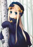  1girl abigail_williams_(fate/grand_order) bangs birch black_bow black_dress black_hat blonde_hair blue_eyes blush bow butterfly closed_mouth commentary_request dress fate/grand_order fate_(series) hair_bow hat long_hair long_sleeves looking_at_viewer orange_bow outdoors parted_bangs polka_dot polka_dot_bow sleeves_past_fingers sleeves_past_wrists solo sorrau tree very_long_hair 