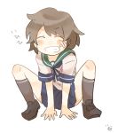  1girl arms_between_legs artist_name bandaid bandaid_on_cheek bandaid_on_face black_legwear blue_neckwear blue_skirt blush brown_hair closed_eyes commentary full_body green_sailor_collar grin ina_(1813576) kantai_collection kneehighs loafers messy_hair miyuki_(kantai_collection) neck_ribbon pleated_skirt ribbon sailor_collar school_uniform serafuku shoes short_hair short_sleeves skirt smile solo squatting teeth 