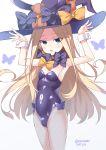  1girl abigail_williams_(fate/grand_order) animal_ears animal_hat armpits arms_up bangs black_hat blonde_hair blue_eyes blush bow breasts bunny_girl bunny_hat bunnysuit butterfly commentary_request dated eyebrows_visible_through_hair fate/grand_order fate_(series) fishnet_pantyhose fishnets hat hat_bow highleg highleg_leotard keyhole leotard long_hair orange_bow pantyhose parted_bangs parted_lips print_bow purple_bow purple_leotard rabbit_ears simple_background small_breasts solo soukai_(lemonmaiden) star star_print strapless strapless_leotard stuffed_animal stuffed_toy teddy_bear twitter_username very_long_hair white_background witch_hat wrist 