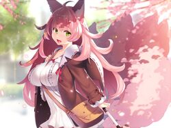  1girl :d ahoge animal_ears bag bangs between_breasts blurry blurry_background blush breasts brown_jacket collarbone collared_dress commentary_request day depth_of_field dress eyebrows_visible_through_hair fang fox_ears fox_girl fox_tail green_eyes hair_between_eyes holding hood hood_down hooded_jacket impossible_clothes impossible_dress jacket kitsune large_breasts long_hair long_sleeves looking_at_viewer open_clothes open_jacket open_mouth original outdoors pink_hair shoulder_bag sidelocks smile solo spring_(season) strap_cleavage tail tree very_long_hair white_dress yuuji_(yukimimi) 