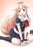  1girl :d blonde_hair bow commentary_request dog_tail gu-rahamu_omega_x hair_bow hair_flaps hair_ornament hair_ribbon hairclip kantai_collection kemonomimi_mode long_hair looking_at_viewer open_mouth pleated_skirt red_eyes remodel_(kantai_collection) ribbon school_uniform serafuku sitting skirt smile solo tail wariza yuudachi_(kantai_collection) 