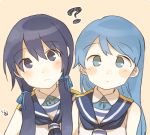  2girls ? alternate_eye_color artist_name bare_shoulders blue_eyes blue_hair blue_neckwear blue_ribbon collared_shirt commentary eyebrows_visible_through_hair hair_between_eyes hair_ribbon hair_tie ina_(1813576) kantai_collection long_hair looking_at_viewer low_twintails multiple_girls neckerchief ribbon samidare_(kantai_collection) shirt simple_background sleeveless sleeveless_shirt suzukaze_(kantai_collection) twintails 