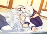  abekawa_mochi black_legwear closed_eyes hibiki_(kantai_collection) kantai_collection long_hair long_sleeves pleated_skirt school_uniform serafuku skirt sleeping thigh-highs white_hair zettai_ryouiki 