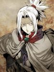  1boy cloak frown gloves japanese_clothes kajiri_kamui_kagura kyougetsu_keishirou male_focus red_eyes solo tenkuu_sphere white_hair 