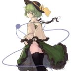  1girl ass bangs black_hat black_legwear bow breasts closed_mouth feet_out_of_frame frilled_skirt frilled_sleeves frills from_behind green_eyes green_hair green_skirt hat hat_bow highres homo_1121 juliet_sleeves komeiji_koishi lifted_by_self long_skirt long_sleeves looking_at_viewer looking_back panties puffy_sleeves shirt short_hair simple_background sketch skirt skirt_lift small_breasts smile solo standing thigh-highs third_eye touhou underwear upskirt white_background white_panties wide_sleeves yellow_bow yellow_shirt 