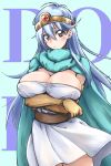  1girl blue_hair breast_hold breasts cape circlet cleavage dragon_quest dragon_quest_iii dress elbow_gloves erect_nipples gloves hair_between_eyes large_breasts long_hair looking_at_viewer mikagami_sou red_eyes sage_(dq3) short_dress solo strapless strapless_dress very_long_hair white_dress 
