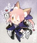  1girl ;d animal_ears bangs black_footwear black_legwear blue_bow blue_kimono blush bow brown_eyes chibi commentary_request fate/grand_order fate_(series) fox_ears fox_girl fox_shadow_puppet fox_tail full_body hair_between_eyes hair_bow head_tilt heart japanese_clothes kimono long_hair long_sleeves looking_at_viewer omikuji one_eye_closed open_mouth pink_hair smile solo standing standing_on_one_leg tail tamamo_(fate)_(all) tamamo_no_mae_(fate) thigh-highs twintails wide_sleeves yuzuyomogi 