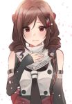 1girl black_gloves bow brown_hair cherry_blossoms closed_mouth cosplay drill_hair elbow_gloves eyelashes falling_petals fingerless_gloves gloves hair_bow hair_ornament hand_on_own_chest harukaze_(kantai_collection) kantai_collection long_hair neckerchief red_bow red_eyes rinto_(rint_rnt) sendai_(kantai_collection) sendai_(kantai_collection)_(cosplay) solo tassel upper_body 