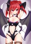  1girl absurdres armpits arms_behind_head arms_up breasts cleavage cleavage_cutout closed_mouth collarbone cowboy_shot demon_girl demon_tail demon_wings elsword fang fishnet_legwear fishnets gluteal_fold hair_between_eyes head_wings heart_cutout highres karis_(elsword) large_breasts leotard long_hair looking_at_viewer multiple_wings navel pointy_ears redhead revealing_clothes solo spiked_wings tail thigh-highs twintails wings yukikiri 