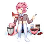  1girl blush bowl chocolate_making collared_shirt commentary doki_doki_literature_club eyebrows_visible_through_hair hair_ornament hairclip highres jacket kneehighs long_sleeves looking_at_viewer mixing_bowl natsuki_(doki_doki_literature_club) open_mouth pink_eyes pink_hair ribbon satchely school_uniform shirt short_hair sitting sitting_on_floor skirt socks solo spatula twintails white_shirt 