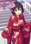  1girl bag black_hair blush breasts day floral_print flower furisode hair_flower hair_ornament handbag japanese_clothes kimono large_breasts looking_at_viewer new_year obi open_mouth original outdoors sash sawada_yuusuke shrine smile solo stairs torii violet_eyes 